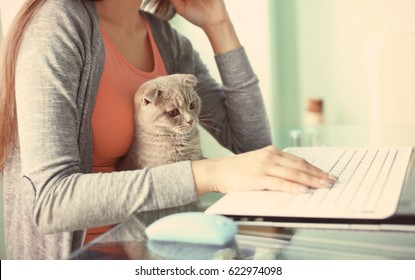 Young beautiful woman with cute cat using laptop at home