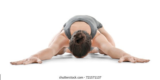 Young Beautiful Woman Doing Yoga Pose On White Background