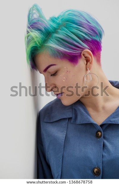 Young Beautiful Woman Dyed Blue Green Stock Photo Edit Now