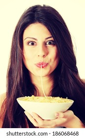 Young Beautiful Woman Eating Spaghetti