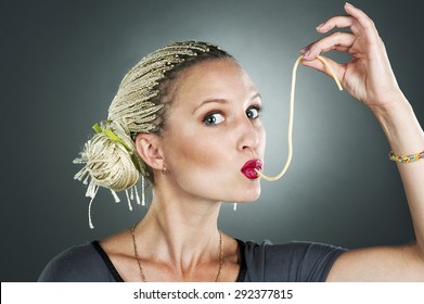 Young Beautiful Woman Eating Spaghetti