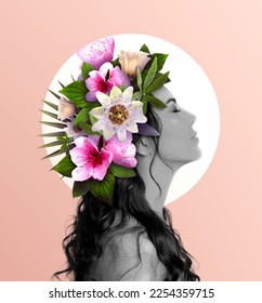 Young beautiful woman with beautiful flowers and green leaves in hair on pale pink background. Stylish collage design