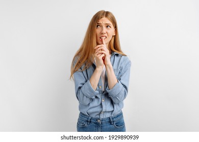 Young Beautiful Woman With Hand On Chin, Thinking About Question, With Pensive Face, On White Background, Doubt Concept.