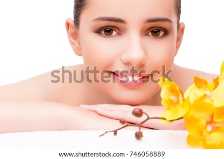 Young beautiful woman in health concept on white background