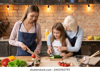 Young beautiful woman with her daughter and mother cooking salad in kitchen. The family spends time together preparing dinner. Mother teaching the child how to cut vegetables into slices - Powered by Shutterstock