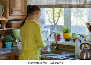 Young Beautiful Woman Housewife Washing Dishes While Cleaning House, Lifestyle Countyside Kitchen On Background, Hand-washing, Back View. Cozy Country House In Nature, Green Houseplants On Windowsill