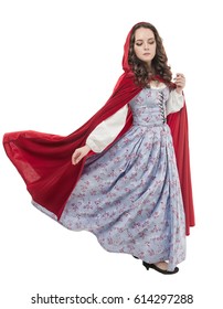 Young Beautiful Woman In Long Medieval Dress And Red Cloak Isolated 