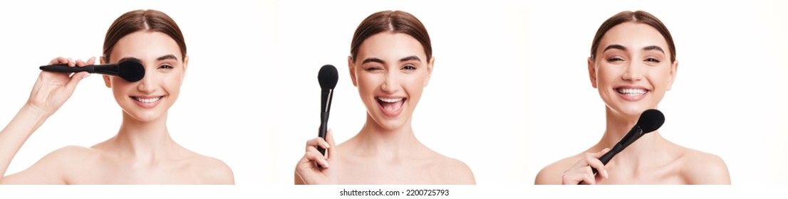 Young Beautiful Woman With Make-up Brush For Powder