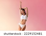 Young Beautiful Woman With Perfect Body In Underwear Posing Over Pink Gradient Background, Slim Female With Drawn Lifting Up Lines On Fit Figure Standing With Raised Arms And Looking Away, Collage