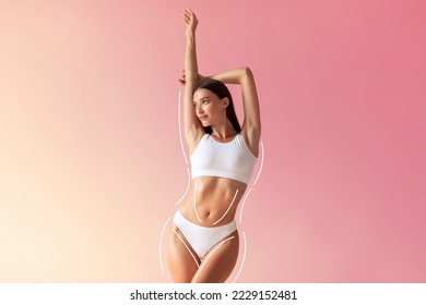Young Beautiful Woman With Perfect Body In Underwear Posing Over Pink Gradient Background, Slim Female With Drawn Lifting Up Lines On Fit Figure Standing With Raised Arms And Looking Away, Collage - Shutterstock ID 2229152481