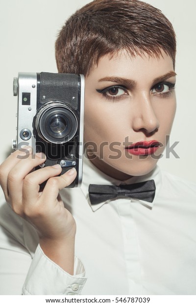 Young Beautiful Woman Photographer Short Hair People Beauty