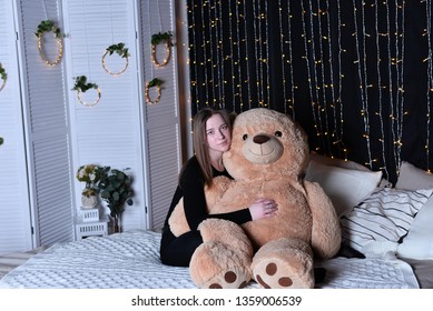 Young Beautiful Woman Posing   With Big Teddy Bear