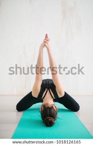 Similar – Image, Stock Photo Young woman stretching legs by sea pier