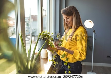 Young beautiful woman resting and chilling next to a bright window, smiling and resting confortable. Beautiful young woman caring for her plants. Spring concept, nature and care.
