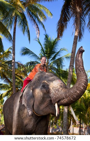 Young beautiful woman riding on big elephant with trunk up in palm forest. India, Kerala