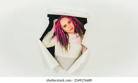 Young Beautiful Woman Scratching Head, Standing In Hole Of White Background. Charming Female With Curly Hairstyle Smiling And Feeling Itch