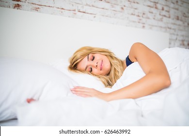 Young Beautiful Woman Sleeping Sweet Dreams At Home