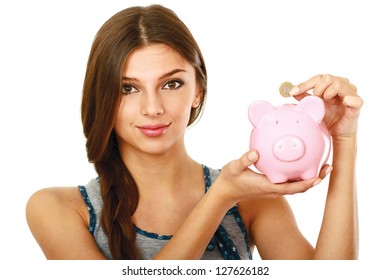 Young Beautiful Woman Standing With Piggy Bank (money Box), Isolated On White Background