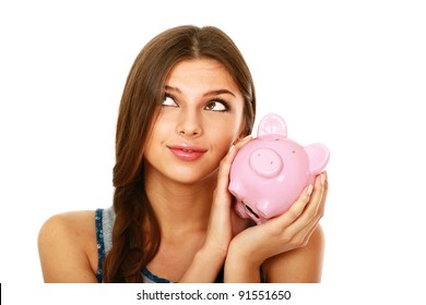 Young Beautiful Woman Standing With Piggy Bank (money Box), Isolated On White Background