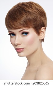 Young Beautiful Woman With Stylish Short Haircut And Fresh Make-up