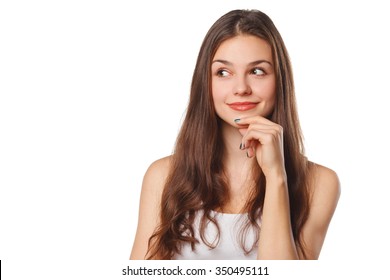 Young Beautiful Woman Thinking Looking To The Side At Blank Copy Space, Isolated Over White Background