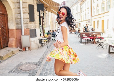 Young Beautiful Woman Walking In Old City Street, Summer Europe Vacation, Travel, Fun, Happy, Smiling, Sunglasses