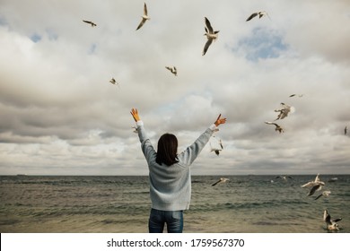 Young beautiful woman watching the seagulls flying - flock of birds. Girl walks along the seashore. Young woman enjoy at the sea coast with hands up. Copy space. - Powered by Shutterstock