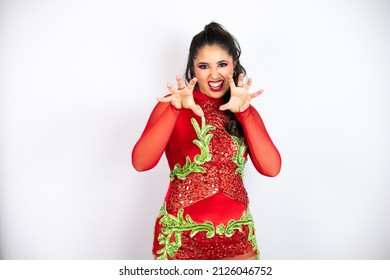 Young Beautiful Woman Wearing Carnival Costume Over Isolated White Background Smiling Funny Doing Claw Gesture As Cat, Aggressive And Sexy Expression