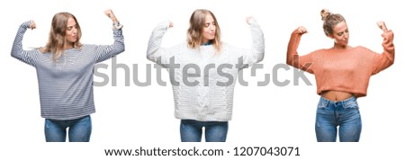 Young beautiful young woman wearing casual look over white isolated background showing arms muscles smiling proud. Fitness concept.