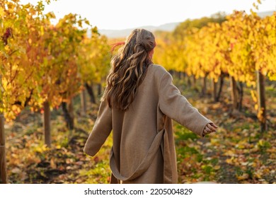 Young beautiful woman wearing a coat in autumn vineyards