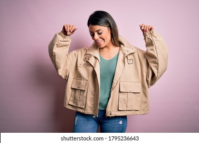 Young Beautiful Woman Wearing Fashion Urban Clothes, Model Wearing Casual Street Style Standing Over Pink Background