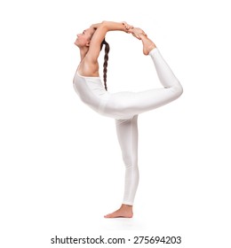 Young Beautiful Woman Yoga Posing On Isolated White Studio Background