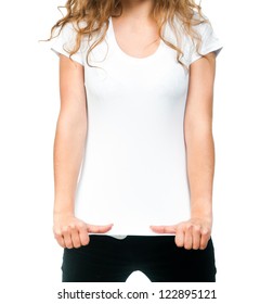 Young beautiful women posing with blank white t-shirts - Shutterstock ID 122895121