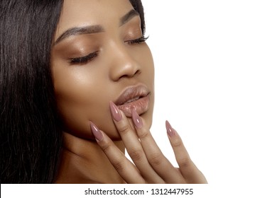 Young Beauty African American Woman With A Perfect Manicure On Stylish Nails Isolated On White Background