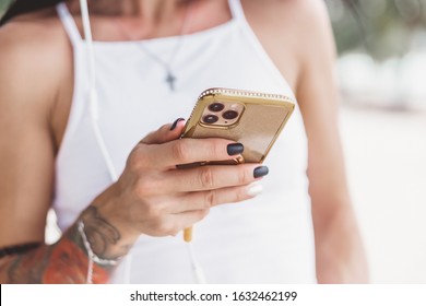 Young Beauty Girl Brunette Hair Make Selfie On Smartphone, Happy Face, Outdoor Hipster Portrait On The Street, Smile Happy Face, Listen Music On Headphones, Amsterdam Street,dance,player,photo Concept