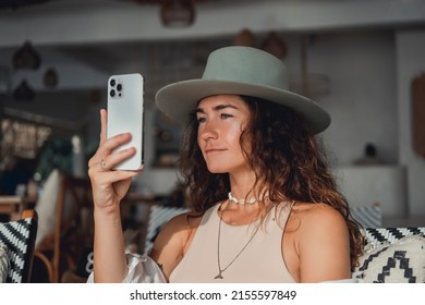 Young Beauty Girl Purple Hair Make Selfie On Smartphone, Happy Face, Outdoor Hipster Portrait On The Street, Smile Happy Face, Listen Music On Headphones, Amsterdam Street, Dance, Player,photo Concept