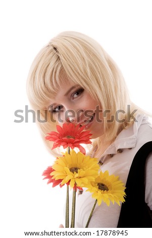 Similar – Happy blonde woman posing near a huge flower