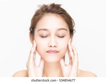 Young Beauty Woman Massaging Her Face, Facial Lymphatic Massage