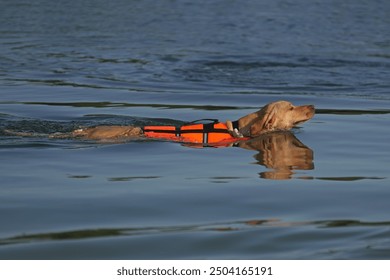 Young beige Eurohound (European sled dog) swimming outdoors in a lake in summer wearing an orange reflective dog safety vest - Powered by Shutterstock