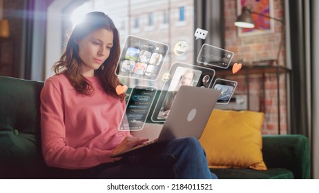 Young Beuatiful Women Using Laptop Computer To Check Social Media, Listen To Music and Read Emails. Creative Person Catching Up With Friends Online. 3D Visualization of Online Platforms Concept.