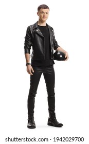 Young Biker In A Leather Jacket Holding Motorbike Helmet Isolated On White Background