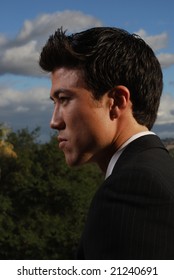 Young Biracial Businessman Standing Before A California Landscape