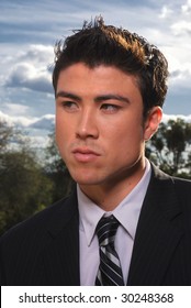 Young Biracial Businessman Standing Before A California Landscape