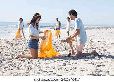 Young biracial woman and man clean a beach, collecting trash. They are part of a group effort to preserve the coastal environment. - Powered by Shutterstock