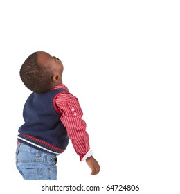 Young Black Baby Boy Looking Up. Isolated Over White Background.