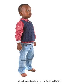 Young Black Baby Boy Looking Up. Isolated Over White Background.