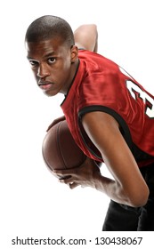 Young Black Basketball Player With Ball Isolated On A White Background