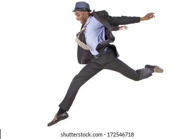 young black businessman leaping / jumping high