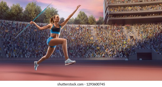 Young black female javelin thrower throwing a spear. Athlete in sport clothes at athletic sport track in professional stadium - Powered by Shutterstock