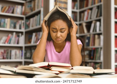 Young black girl student under mental pressure, reading book preparing for examination in library at university, free space - Powered by Shutterstock